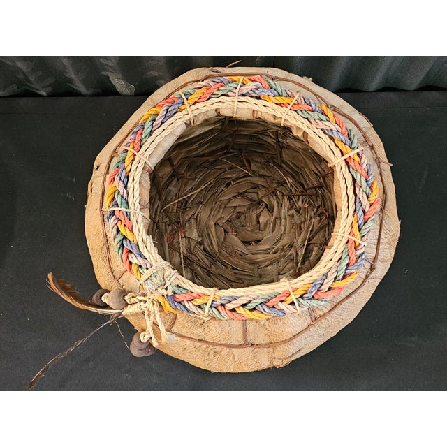 Vintage Native American Style Handwoven Fiber Basket With Feather & Beaded Details For Sale In Naples, FL - Image 6 of 14