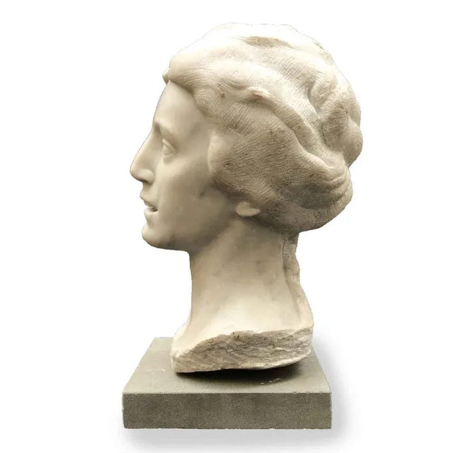 Aurelio Bossi, Bust of a Woman, 1920s-1940s, White Marble For Sale - Image 4 of 10