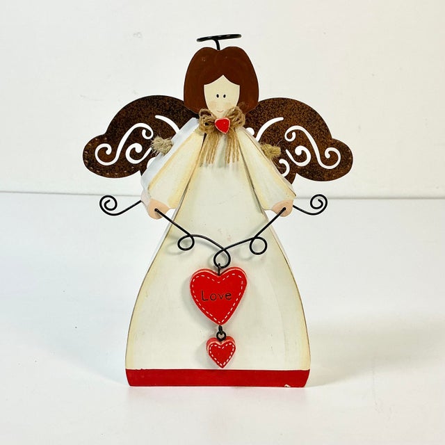 A fun Arts & Crafts Boho Chic painted Valentine Angel. It's from the 1990s and features an antique white painted wood body...