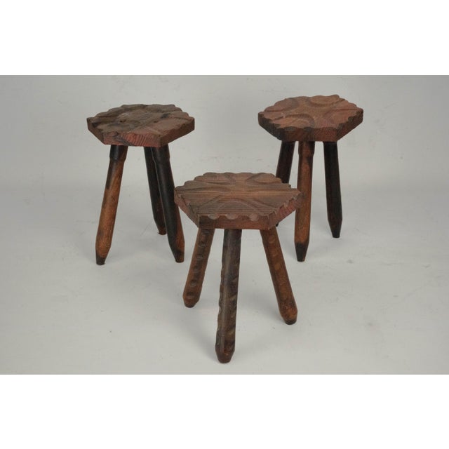 Brown Vintage Brutalist Italian Wooden Stools, 1960s, Set of 3 For Sale - Image 8 of 13