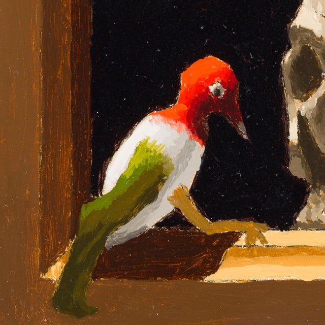 Contemporary Double Talk by Shawn Sullivan | Oil Painting of a bird in front of stacked skulls For Sale - Image 3 of 5