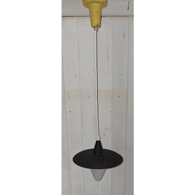 Mid-Century Yellow and Black Lantern-Shaped Pendant Light with White Lined Glass Shade, 1960s, in Very Good conditions....