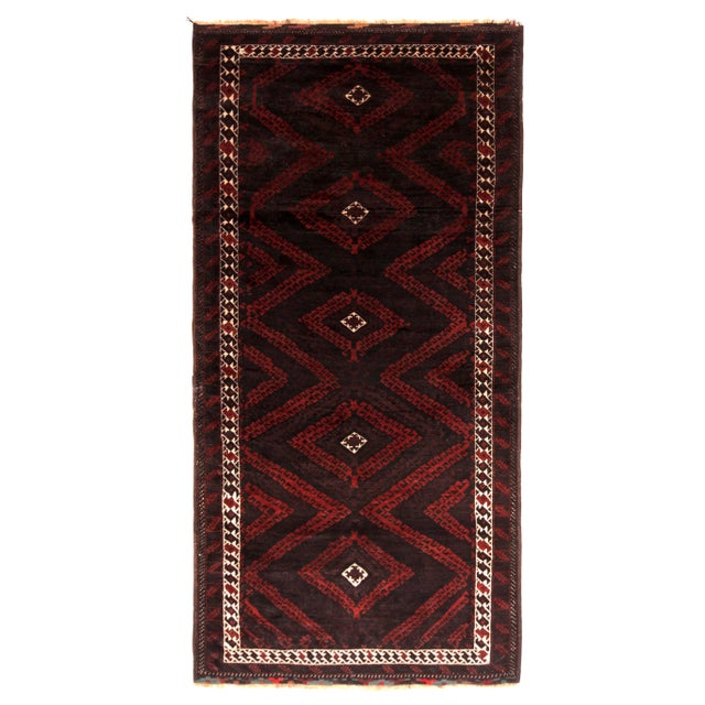 Hand-Knotted Vintage Baluch Rug Brown Red Mid-Century Persian Tribal Pattern For Sale In New York - Image 6 of 6