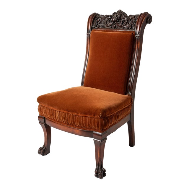 Late 19th Century Renaissance Revival Carved Mahogany Chair – Claw Feet & Rich Velvet Upholstery For Sale