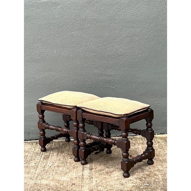 Late 20th Century Vintage Turned Wood Low Stools With Caning For Sale - Image 5 of 12