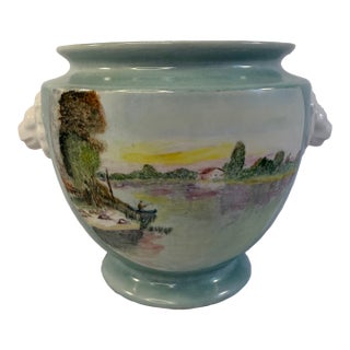 Aqua Jardiniere or Planter With Pastoral Landscape Scenes For Sale