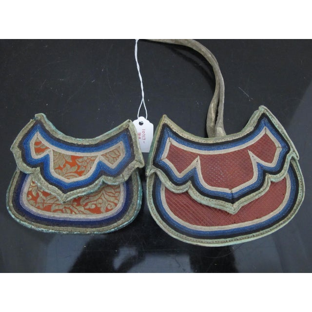 Antique Asian India Indian Leather & Silk Embroidered Coin Purse Pouch Pair For Sale - Image 4 of 5