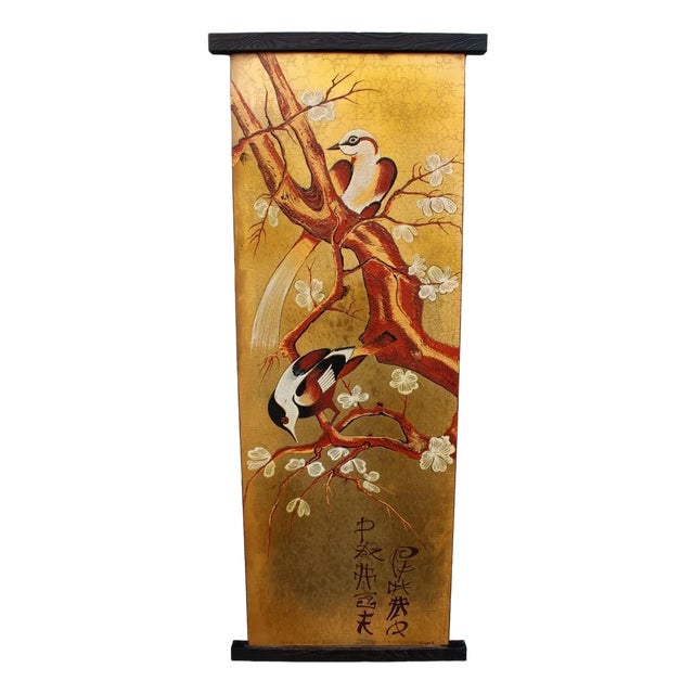 Italian Decorative Panel in Enamel Inspired Almond Blossoms and Birds, Japan, 1950s For Sale