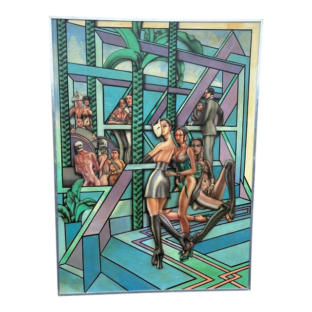 This striking pair of large-scale original paintings presents a bold, theatrical vision of human figures within geometric,...