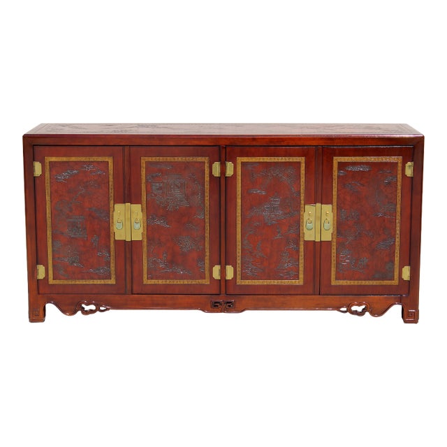 Vintage Drexel Heritage Ming Credenza – Red Lacquer Chinoiserie Sideboard Cabinet 73 For Sale