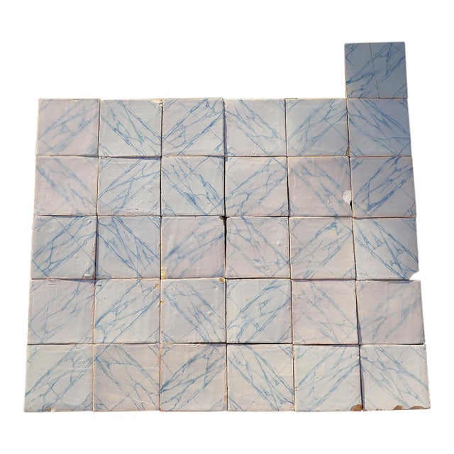 Rare Set of 31 Antique 19th Century Portuguese Tiles Blue & White Faux Marble For Sale