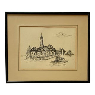 Vintage Black Ink Drawing of a Church, Signed and Framed For Sale