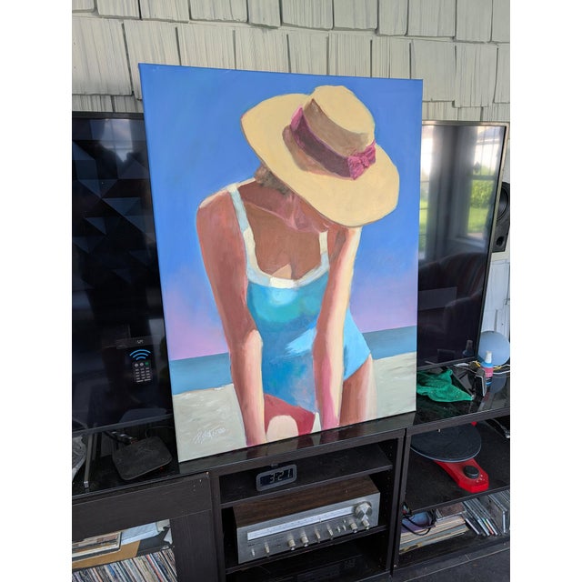 Contemporary Sunlit Daydream - Summer Beach Scene, Woman With Beach Hat Oil on Canvas For Sale - Image 3 of 5