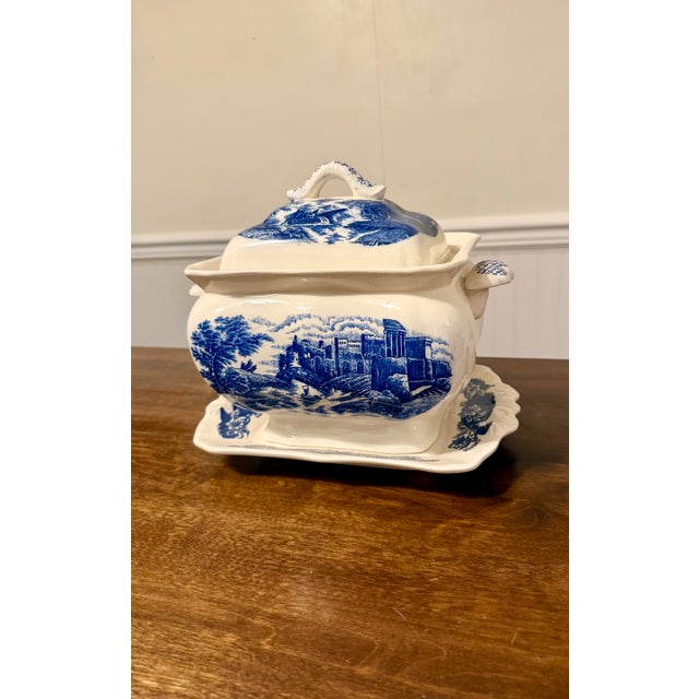 Trimont Wares cobalt blue and White Castle tureen is a vintage Japanese porcelain set produced in 1960s and 1970s designed...
