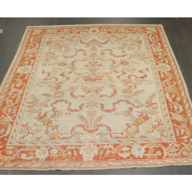 19th Century Antique Zabihi Collection Ivory Orange Turkish Oushak Room Size Carpet - 10'7" x 13'3" For Sale - Image 5 of 12