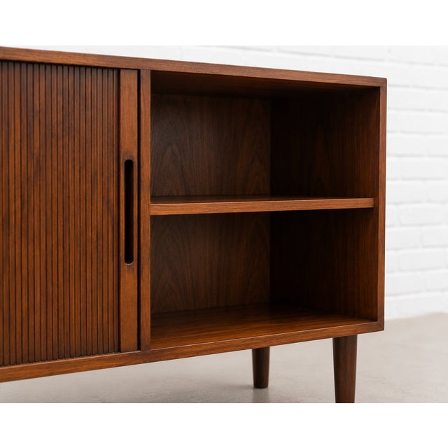 Danish Rosewood Mid Century Modern Credenza | Tambour Door Media Cabinet | Scandinavian Storage Console, C. 1960’s For Sale - Image 15 of 16