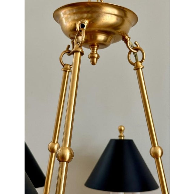 French Country 18 Light Chandelier French Country Bouillotte Brass With Ebony Tole Shades For Sale - Image 3 of 8