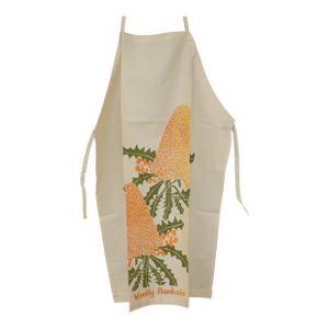 70s Mid-Century Boho Apron (Never Used) With Screen-Printed Thistle Motif in Warm Yellow and Olive Green