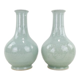 Pair of Chinese Longquan Celadon Glazed Baluster Vases For Sale