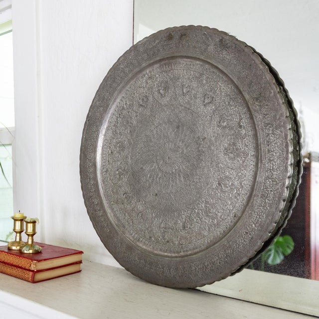 Late 19th Century Tin on Copper Hand Engraved Round Ghalamzani Persian Tray For Sale - Image 5 of 11