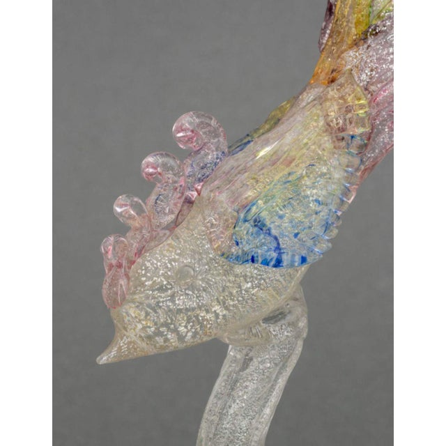 Murano Art Glass Pheasant Sculpture, with silver leaf flecks and multicolored feathers on circular base. 10.5" H x 4.25" W...