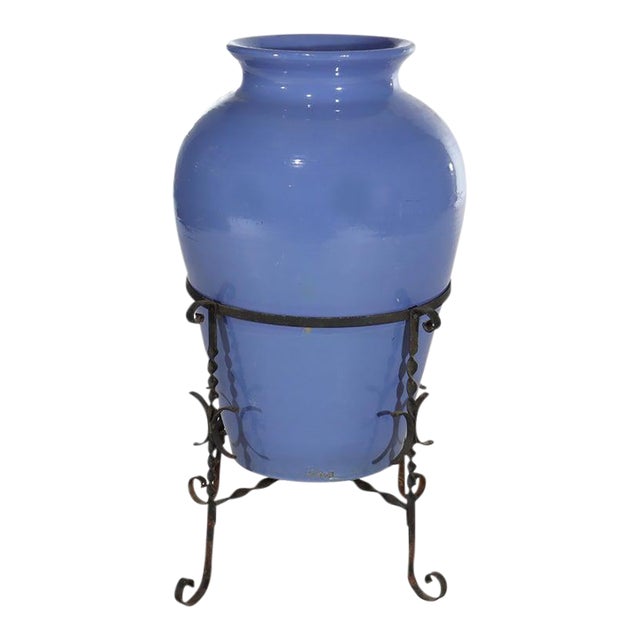 Monumental Antique Arts & Crafts Pottery Oil Jar With Wrought Iron Stand C1920 For Sale