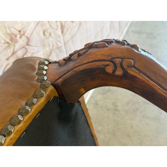 Brown Antique French Louis XV Bench, Hand-Carved Wood & Brown Leather For Sale - Image 8 of 14