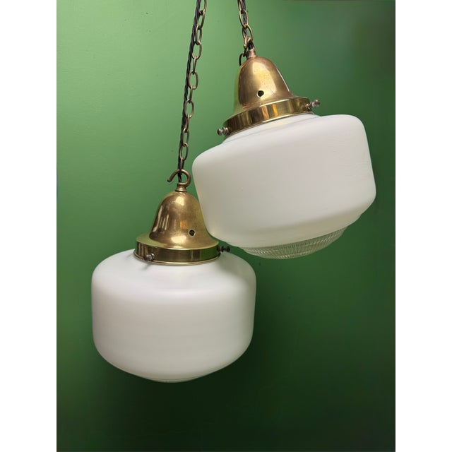 Pair of 1930s british made diffused opaline pendant lights. amazing condition opaline glass complete with glass diffusers...