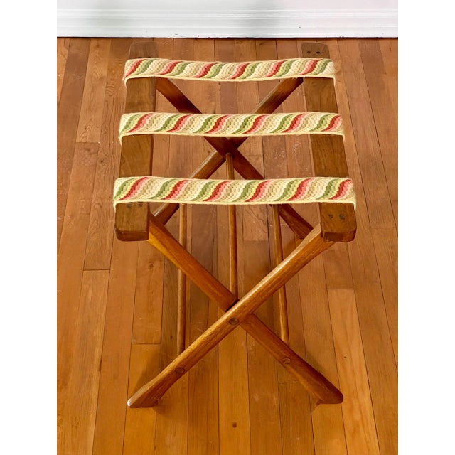 Traditional Wooden Luggage Rack With Hand Stitched Embroidered Straps, 1940s For Sale - Image 3 of 13