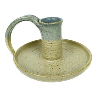 Late 20th Century Handmade Round Pottery Candlestick Candle Holder With Handle For Sale