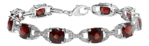 .925 Sterling Silver 7x7mm Checkered Cushion Red Garnet and Diamond Accent Fashion Tennis Link Bracelet (I-J Color, I1-I2 Clarity) - Size 7" Inch