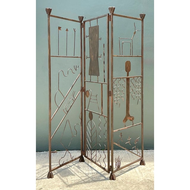 Mid-Century Modern Vintage Iron Abstract Figurative Folding Screen For Sale - Image 3 of 12