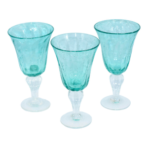 1990s Val De Pome Christophe Saba Biot Seeded Teal Wine/Water Stemware Goblets, France- Set of 3