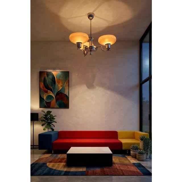 Bauhaus Chandelier in Chrome-Plated Steel and Opaline Glass, Czech, 1930s For Sale - Image 9 of 10