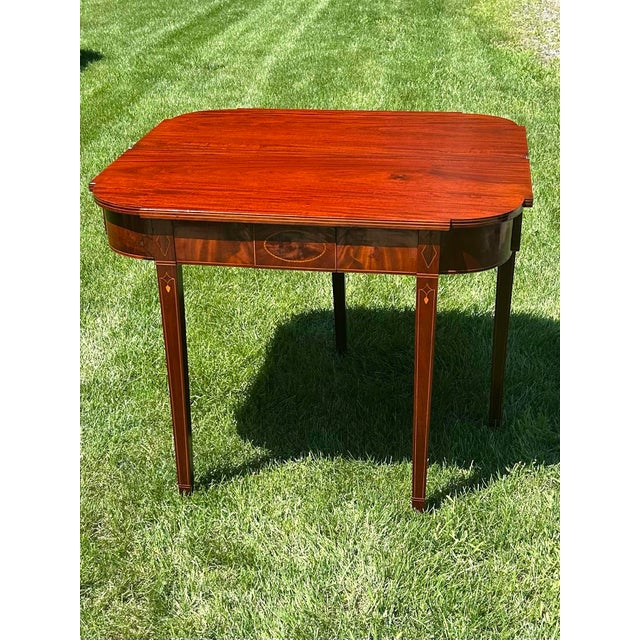 Wood Antique, Flame-Mahogany, Federal Style, Game Table, Swivel and Hinged Flip-Top Mechanism, Geometric String Inlay, C1780-1830, Demilune Console Table For Sale - Image 7 of 12