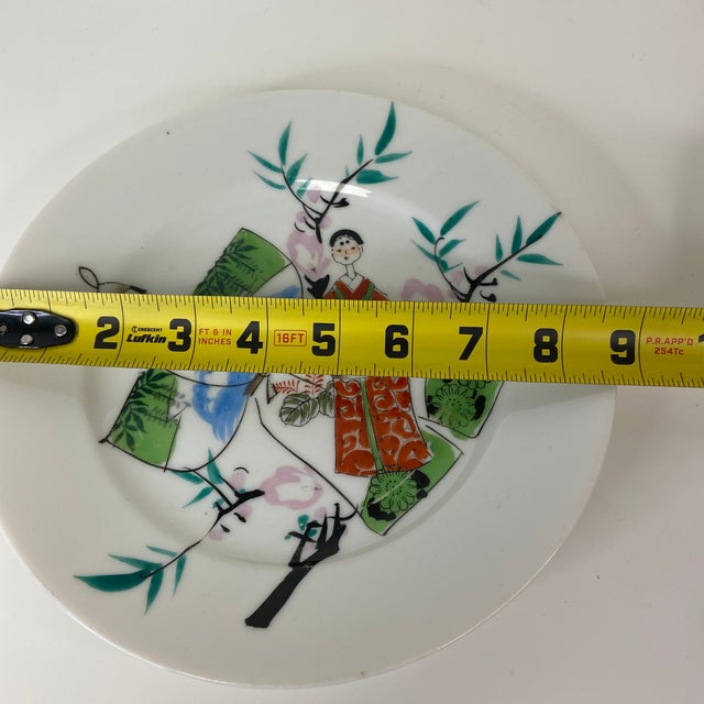Mid 20th Century Japanese Hand-Painted Porcelain Plate – Hinamatsuri Figural Scene – Kutani Style – 9”– Mid Century For Sale - Image 9 of 10