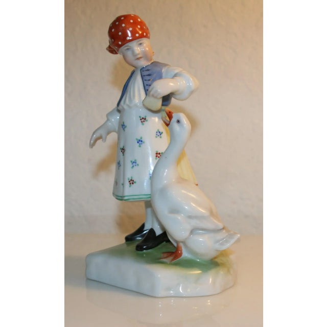 Vintage 1930s Herend Porcelain Figurine 5565 Girl Feeding a Goose Hand-Painted For Sale In West Palm - Image 6 of 7