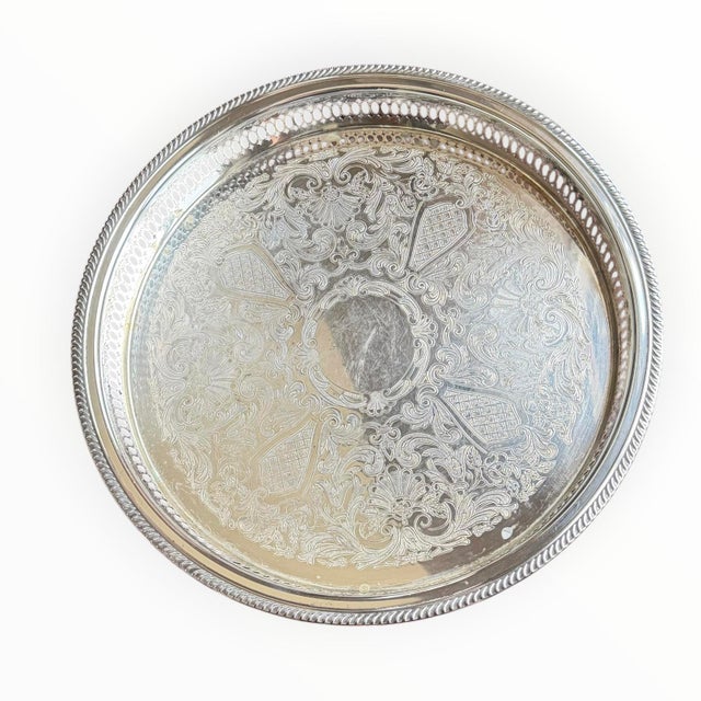 Vintage f.b. Rogers Silver Plate Engraved Floral Gallery Tray 13” For Sale - Image 11 of 14