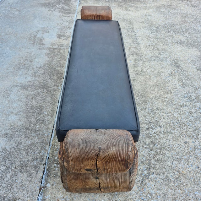 Wood Mid-Century William Westenhaver for Witco Attributed Tiki Polynesian Black Faux Leather & Carved Bench For Sale - Image 7 of 10