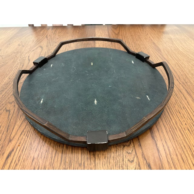 Art Deco This Is a Luxury Round Decorative Tray by R&y Augousti Featuring a Textured Shagreen Surface Framed by a Sculptural Dark Metal and Wood Trim. 16” For Sale - Image 3 of 8