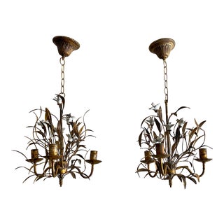 Vintage Metal Tole and White Glass Flower Chandeliers - a Pair For Sale