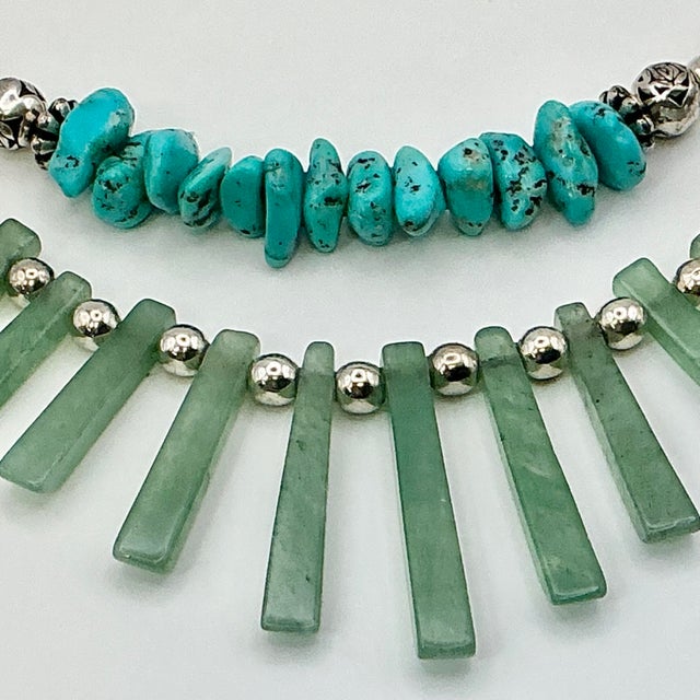 Ralph Lauren 1970s Vintage Southwestern Mexican Boho Chic Double Strand Sterling, Turquoise & Jade Necklace For Sale - Image 4 of 18