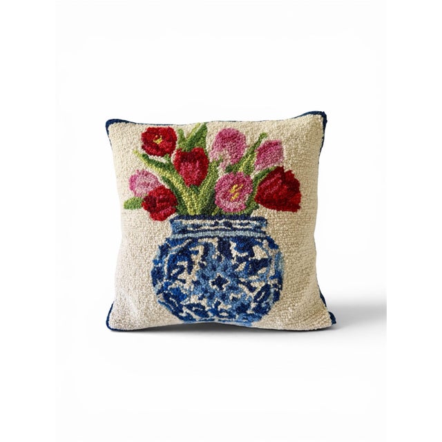Square Chinoiserie Tree Wool Hooked Pillow For Sale - Image 4 of 4