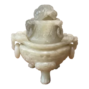Vintage Chinese Hand Carved Jade Fu Dog Incense Burner Large