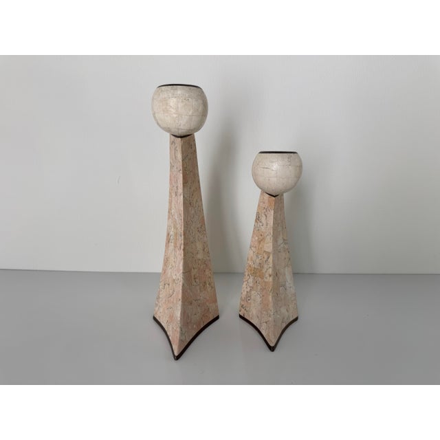 1980’s Postmodern Maitland Smith–Style Tessellated Stone & Brass Inlaid Sculptural Candle Holders – A Pair For Sale - Image 9 of 11