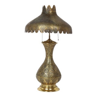 Antique Moroccan Perforated Brass Table Lamp and Shade For Sale