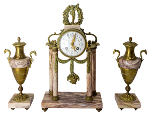 Napoleon III French Bronze and Marble Clock and Cherub Puttis, 1890s, Set of 3