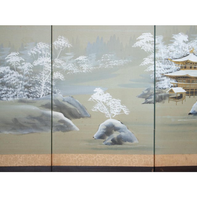 1960s Shōwa Era Japanese Silk Byobu Screen "Mountain Landscape in Winter" For Sale - Image 10 of 18