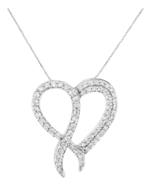 .925 Sterling Silver 1 cttw Diamond Heart and Ribbon 18" Pendant Necklace (I-J Clarity, I2-I3 Color) - 18"
