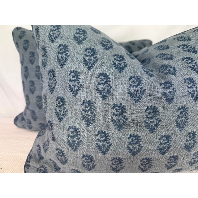 Custom pair of 16”x20” pillows covered in Peter Dunham "Rajmata Tonal Woven" in blue on blue fabric. These pillows are...